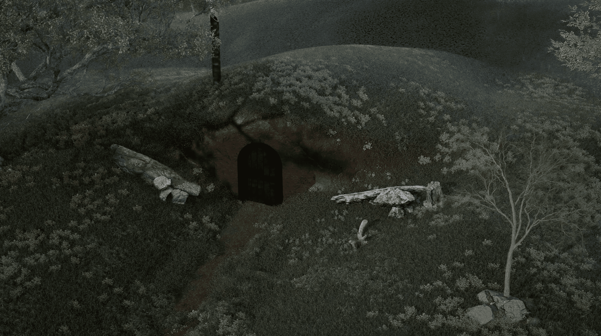Desaturated study of a hobbit-hole door set into a grassy hillside.