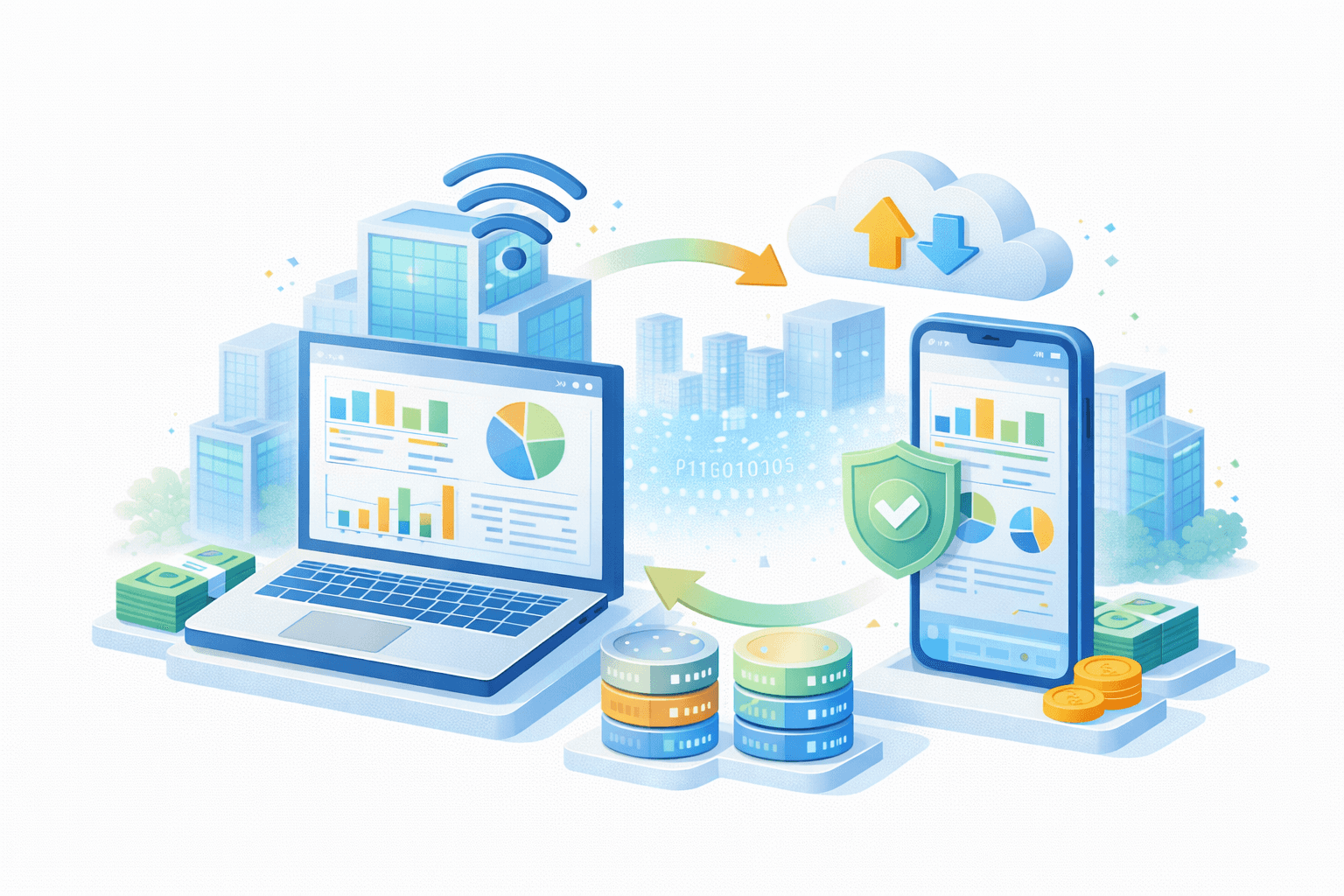 Ilustrasi secure omnichannel data synchronization & mobile–web analytics. Di sisi kiri terdapat laptop dengan dashboard analitik (grafik batang dan pie) yang terhubung ke gedung/kantor dengan ikon sinyal nirkabel. Di sisi kanan terdapat smartphone menampilkan dashboard serupa, dilindungi perisai hijau bertanda centang yang menandakan keamanan dan verifikasi. Di tengah, panah melingkar dua arah berwarna hijau–oranye menunjukkan sinkronisasi data real‑time antara web dan mobile melalui cloud (ikon upload/download). Di bagian bawah terlihat database stacks serta uang/koin, melambangkan penyimpanan terstruktur dan nilai bisnis. Visual menggambarkan integrasi data omnichannel yang aman, konsisten, dan terlindungi end‑to‑end.