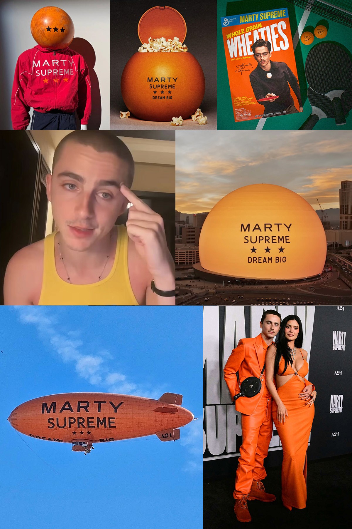 Collage of Marty Supreme marketing visuals: a mannequin in a red "MARTY SUPREME" jacket, orange branded swag and packaging, a screenshot from the leaked Zoom video showing Timothée Chalamet in his trailer talking, the Las Vegas Sphere glowing orange with "MARTY SUPREME / DREAM BIG," an orange blimp, and a red-carpet photo of Timothée Chalamet and Kylie Jenner in matching orange outfits in front of Marty Supreme signage.