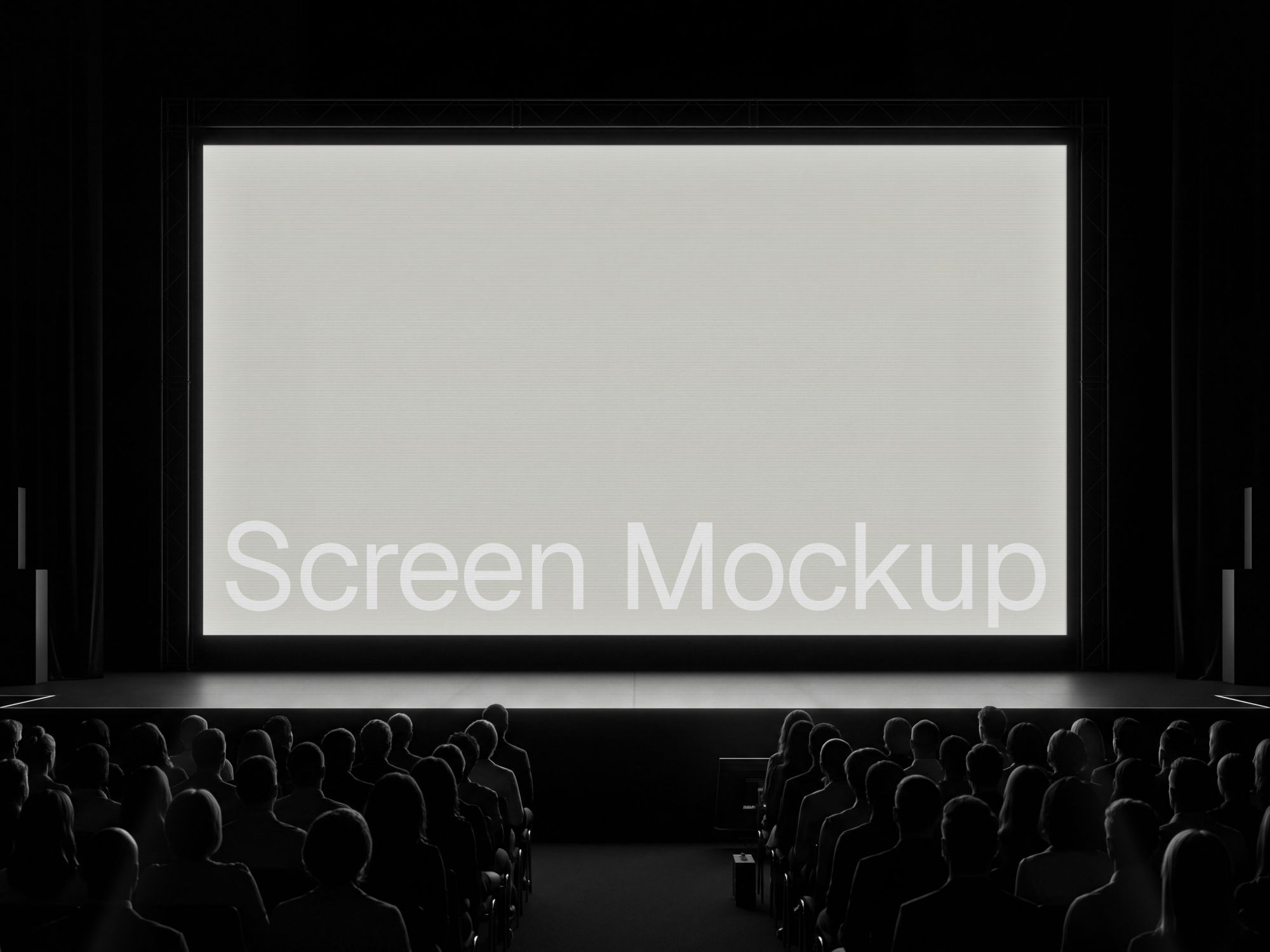 Large event screen mockup on conference stage with audience for corporate presentation and branding design