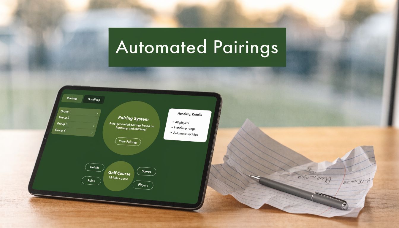 A digital tablet displaying golf pairing software beside a pen and a piece of crumpled paper.