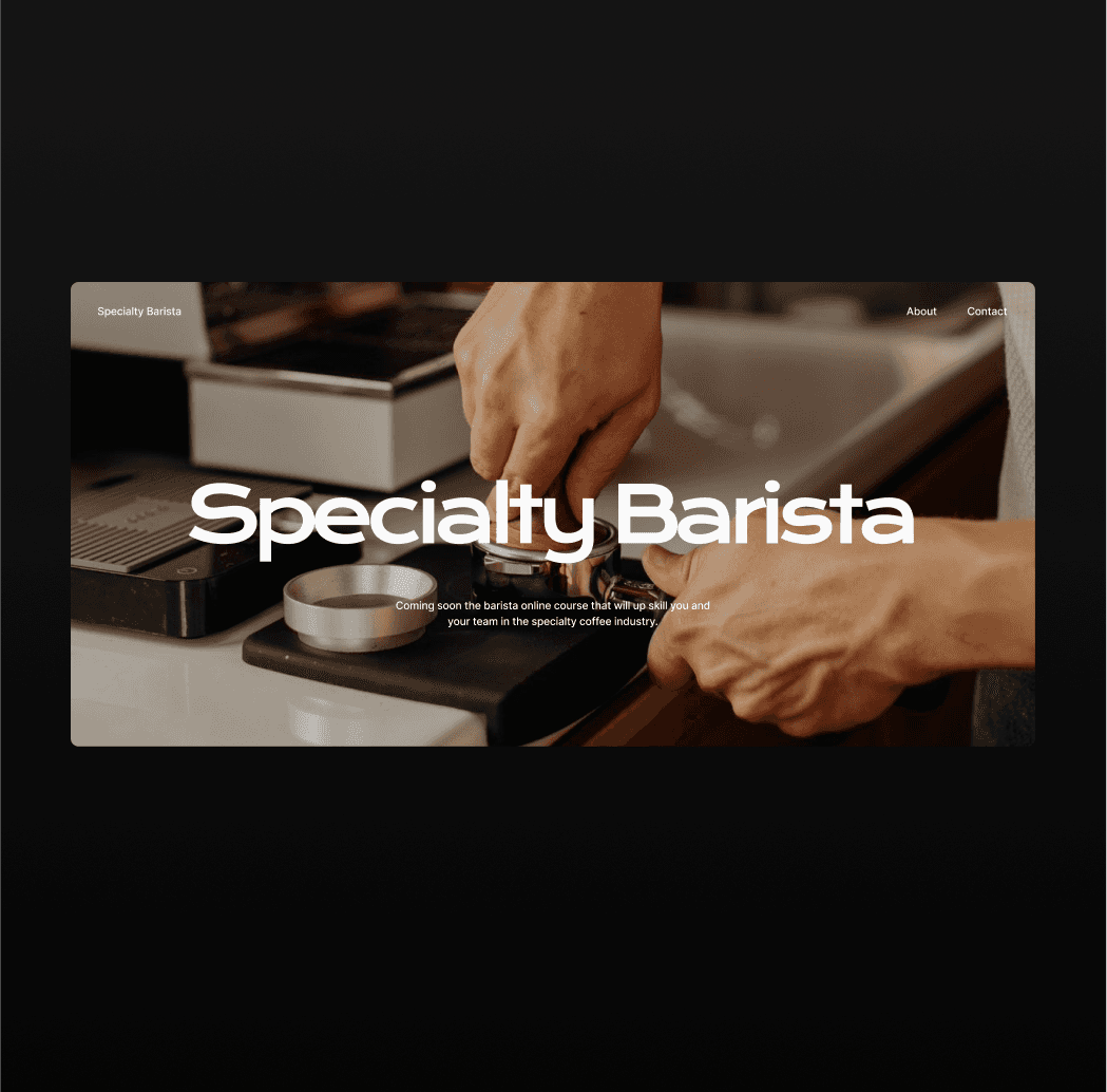 black background image displaying the header of a website about barista training