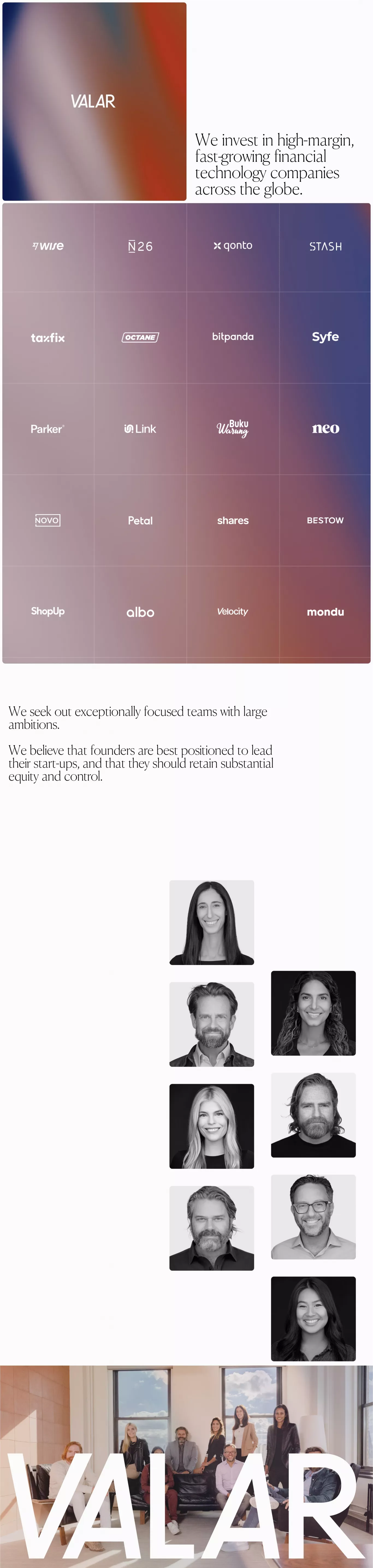 Valar portfolio page screenshot showcasing Tech and Finance design