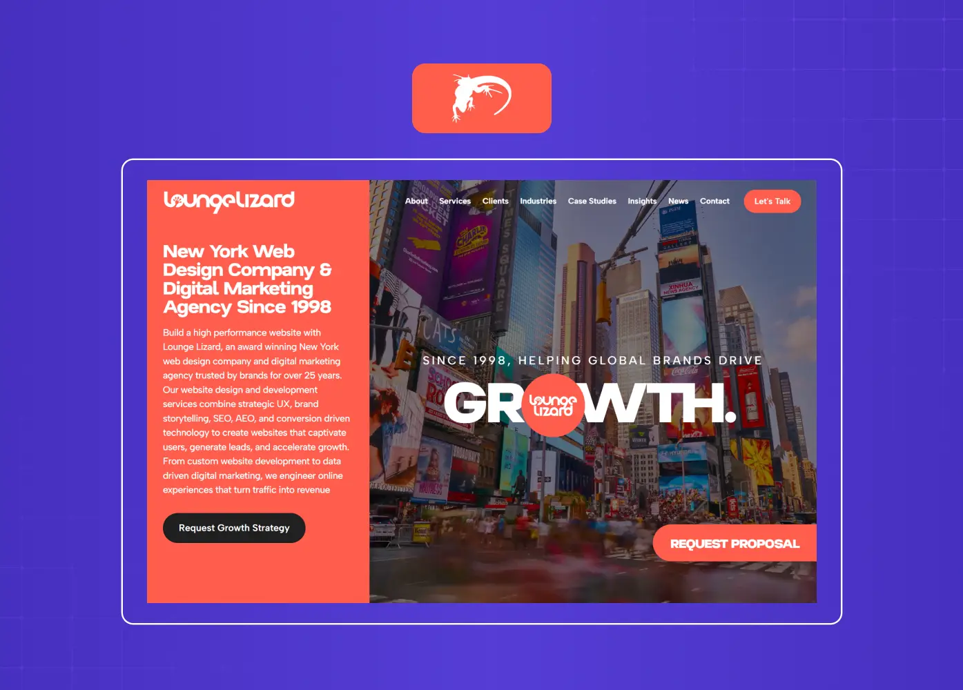 Vibrant agency homepage combining bold colors, city imagery, and strong messaging around web design and digital marketing.