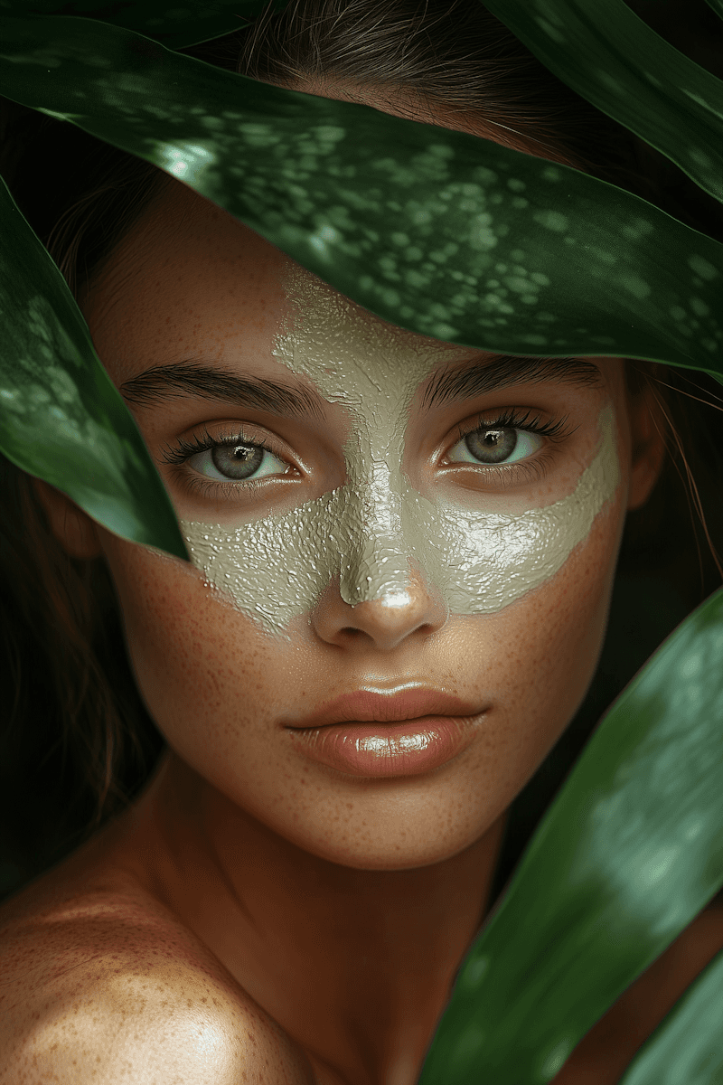 Close-up of a woman with a face mask, framed by green leaves. Skincare and beauty concept.