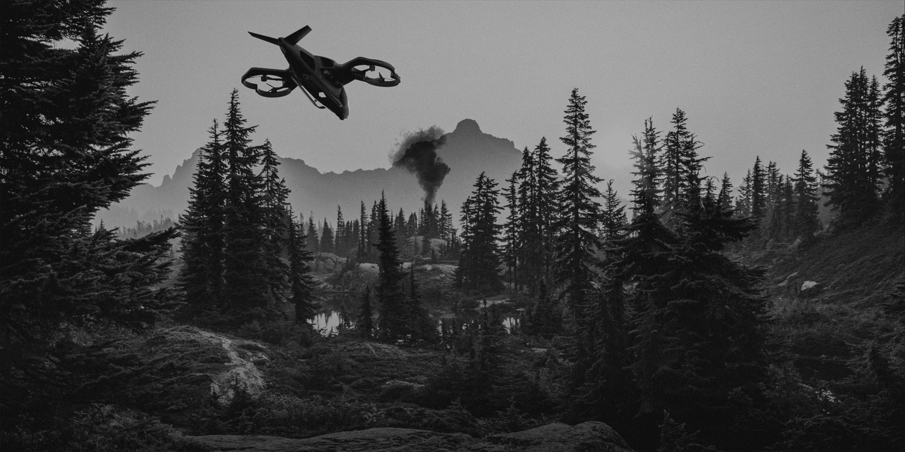 Conceptual rendering of the firefighting drone in action, flying above a forest to track a distant wildfire marked by a plume of smoke.