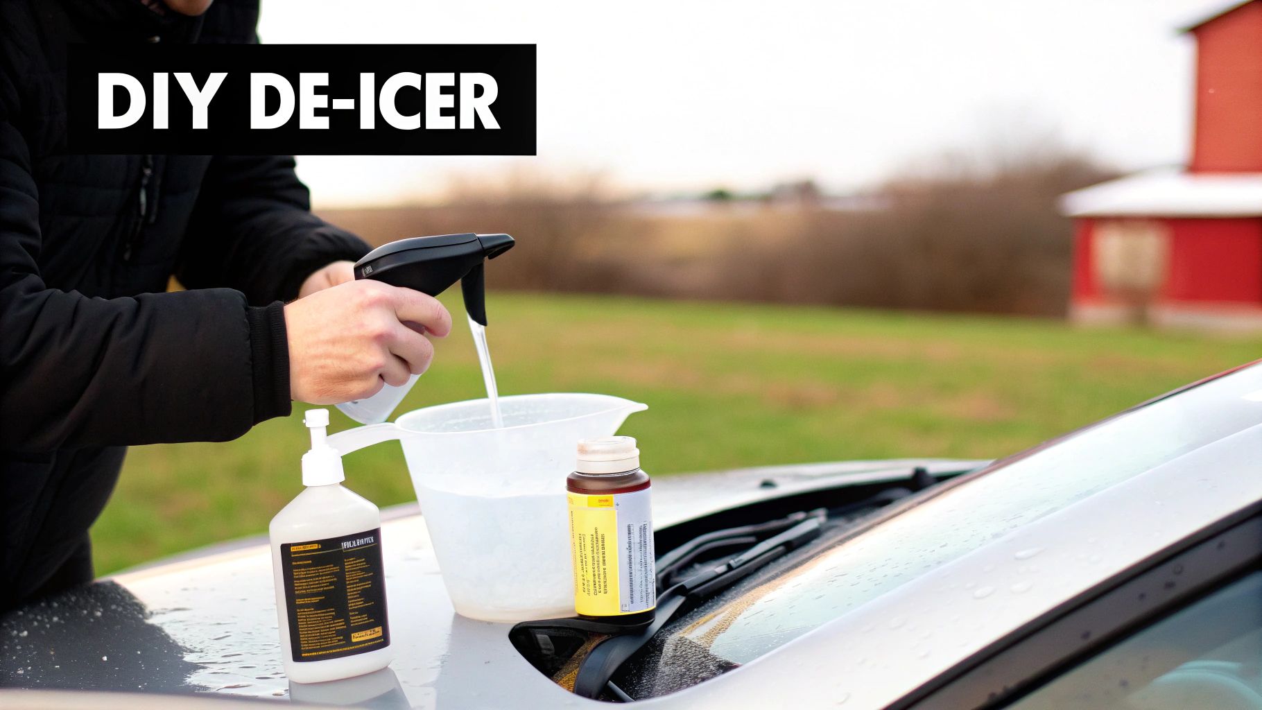 A person mixes liquid in a measuring cup on a car hood, creating a DIY de-icer.
