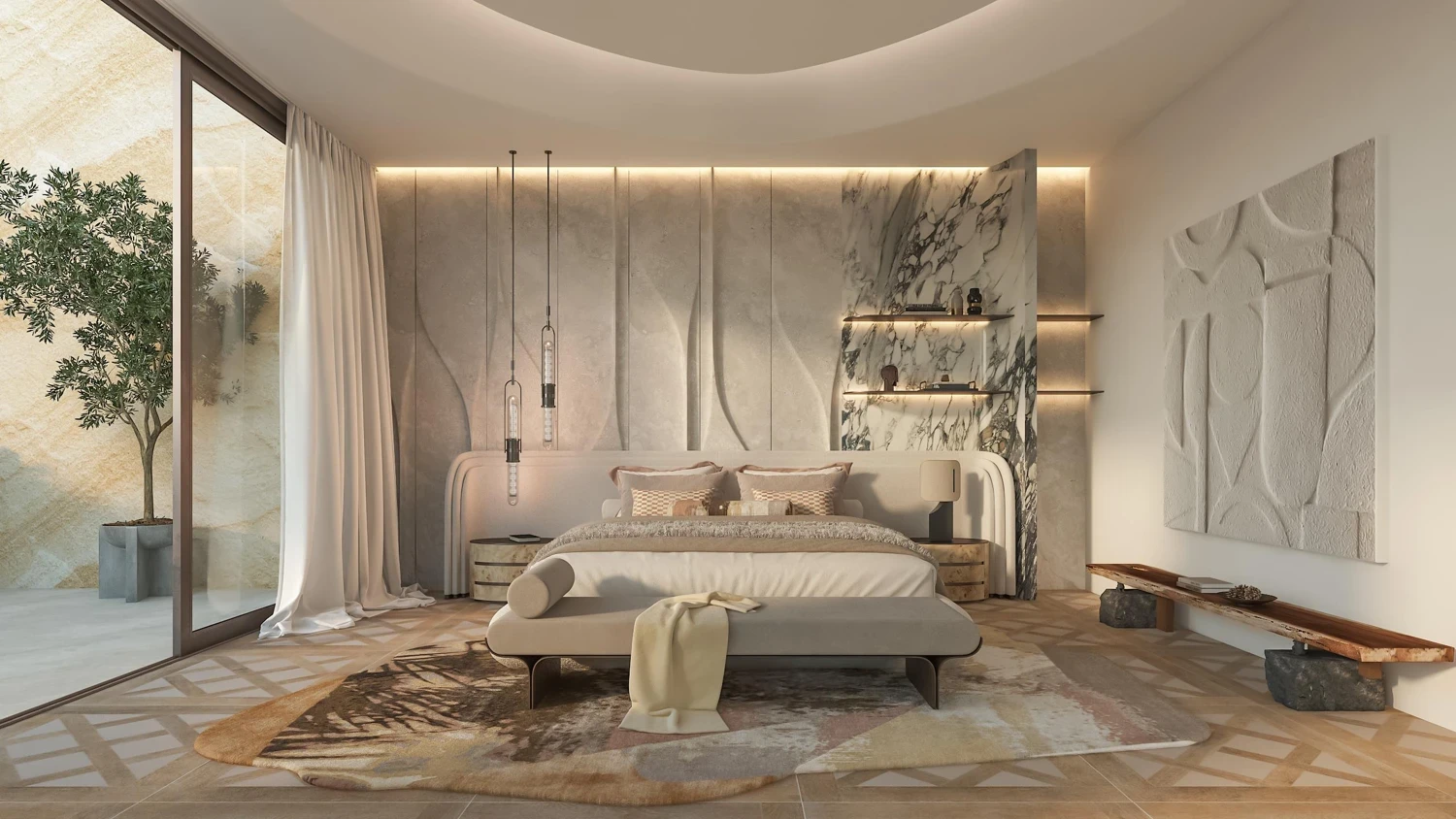 A contemporary living room with a round seating area and a large chandelier, reflecting Leos Royal aesthetics.