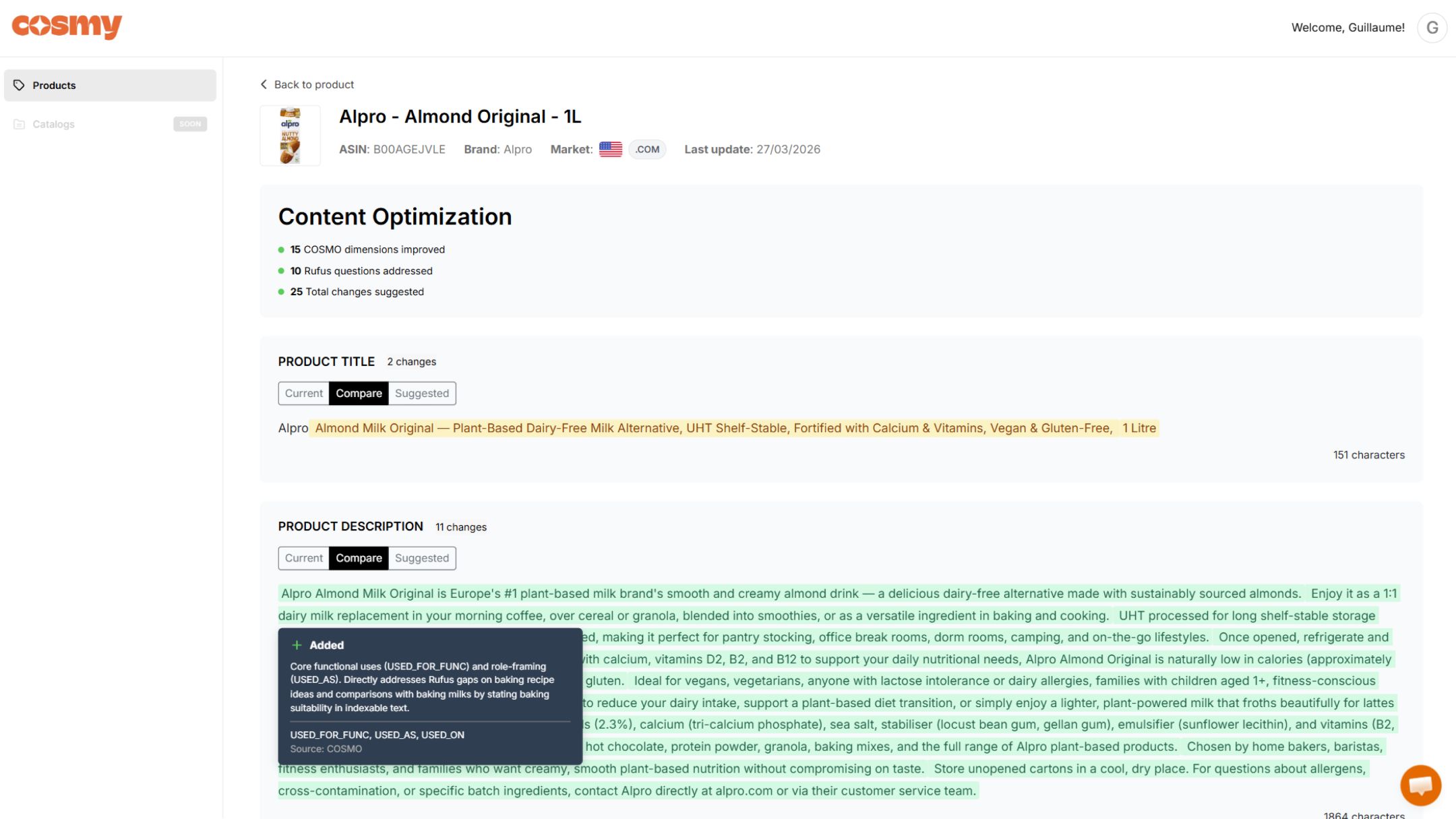 Cosmy dashboard optimizing an eCommerce Amazon product
