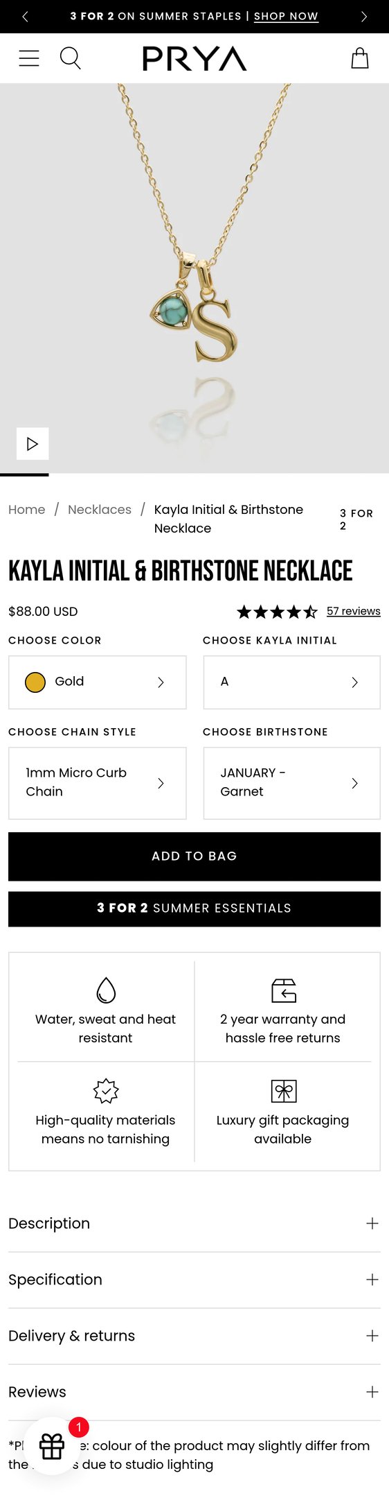 Jewelry product options include: necklace, pendant, chain, birthstone for Personalised Initial & Birthstone Necklace | Gold or Silver from PRYA.