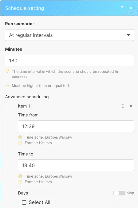 Make.com schedule configuration for Lucas Ostrowski's automated X posting system. Screenshot shows interval setting of 180 minutes and advanced scheduling from 12:39 to 18:40 (Europe/Warsaw time zone). Demonstrates precise timing control in no-code automation workflows for optimal social media content distribution.