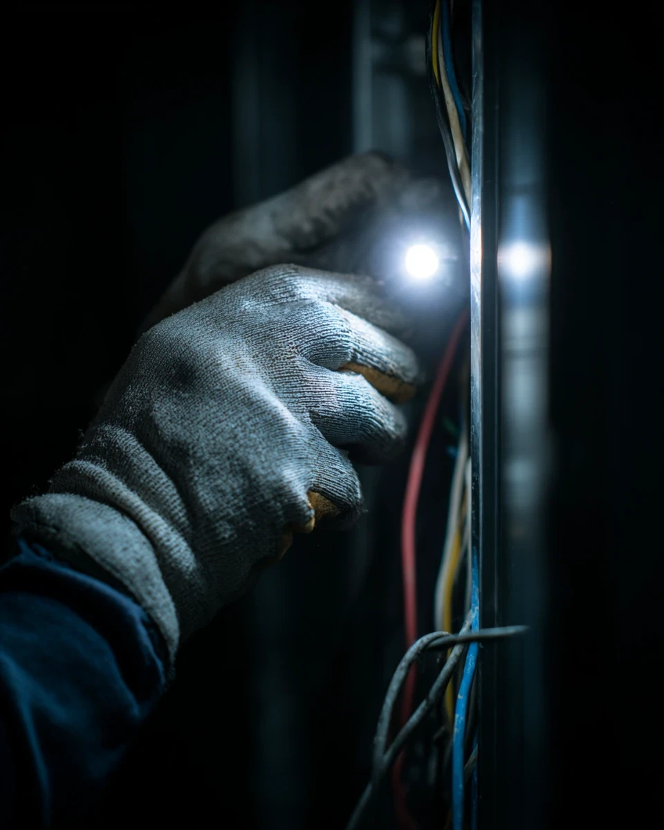 Gros plan d'un électricien Modelec en pleine intervention technique sur un câblage complexe à Gaillac.
