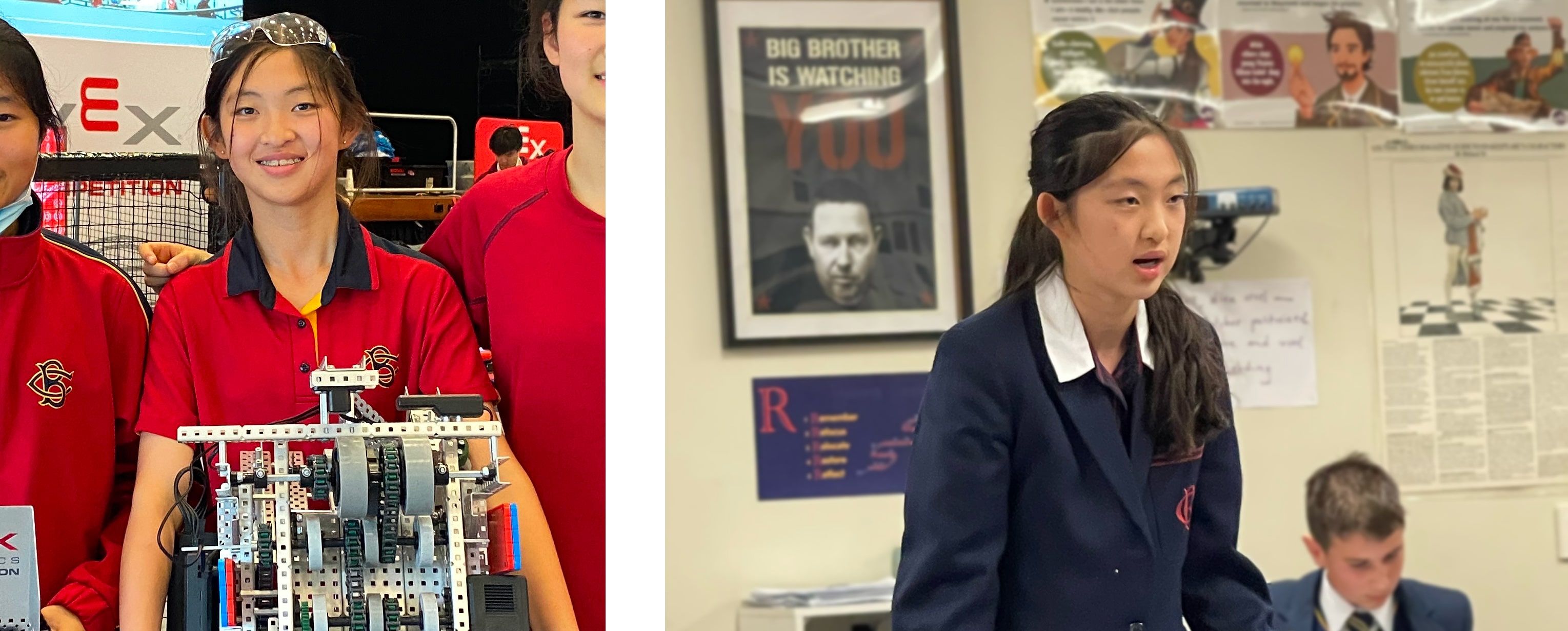 Jiaqi holding a robot at a tournament and participating in a debate