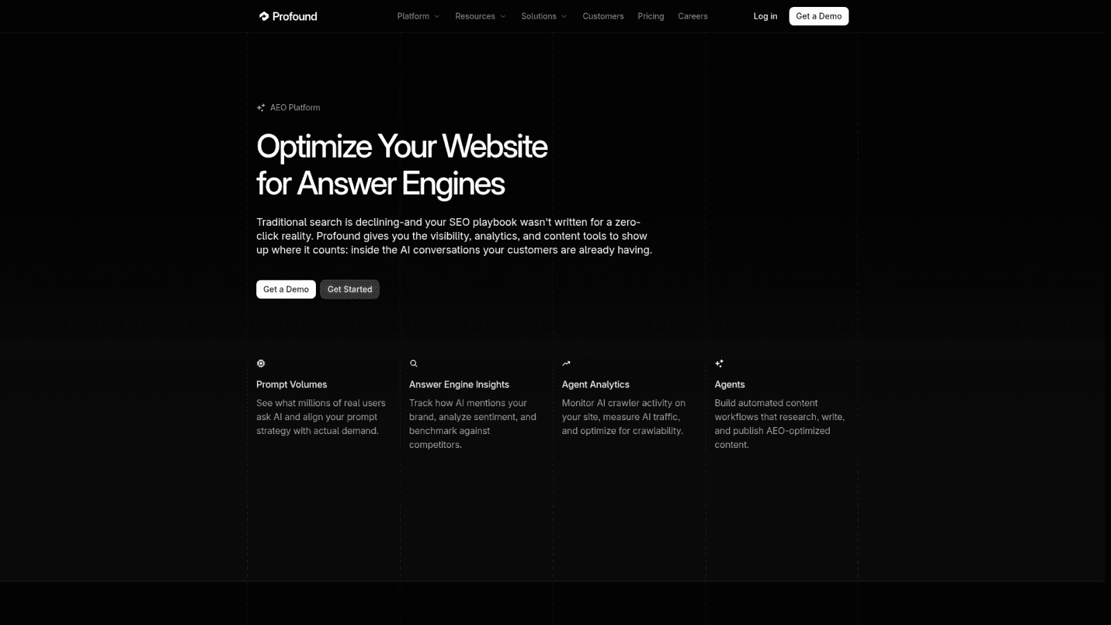 Profound features page showing AI visibility and AEO capabilities