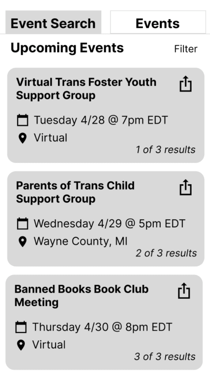 Mid-fidelity mobile prototype of Events page with feed of upcoming events and event search feature