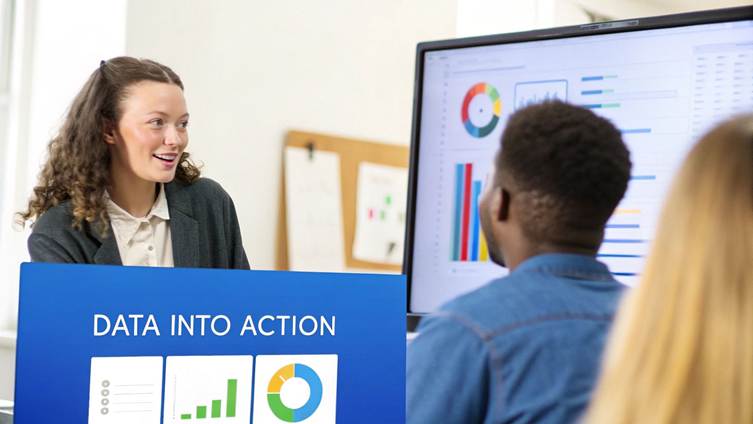 Smiling woman in a meeting, with a screen displaying "DATA INTO ACTION" and data visualizations.