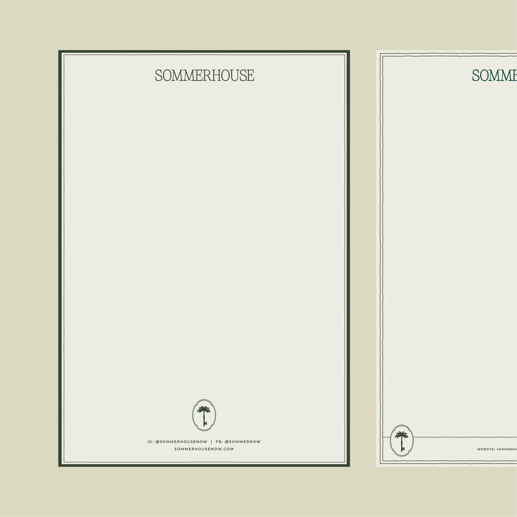 A letterhead design featuring a dark green border on an off-white base.