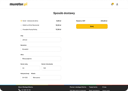 Desktop "Shipping Method" view for Murator, featuring a radio button list for delivery options including Courier, Parcel Locker, and Postal Service, alongside a full checkout form for personal and address information.
