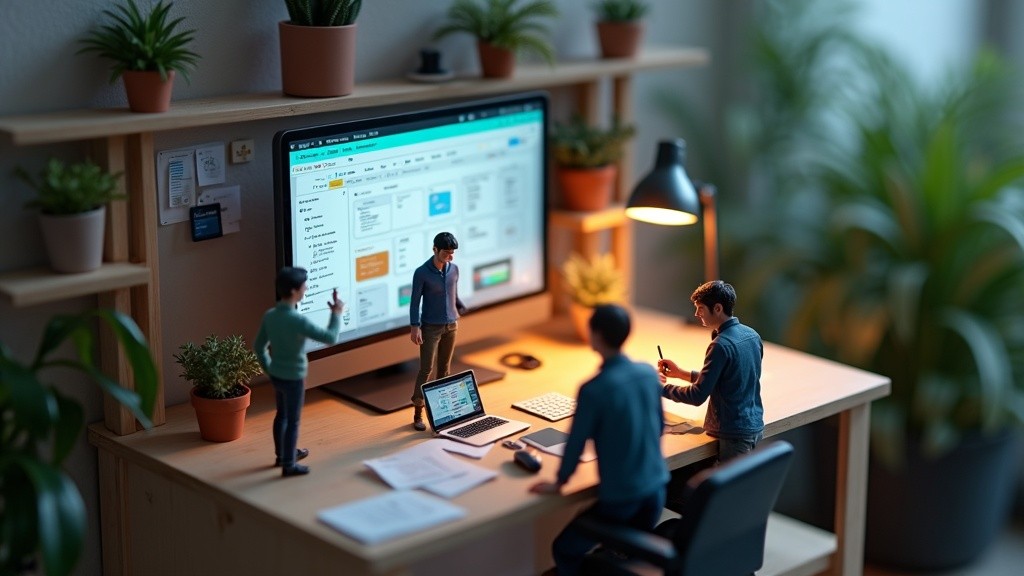A miniature team building a modern animated website in a Framer-style editor workspace.