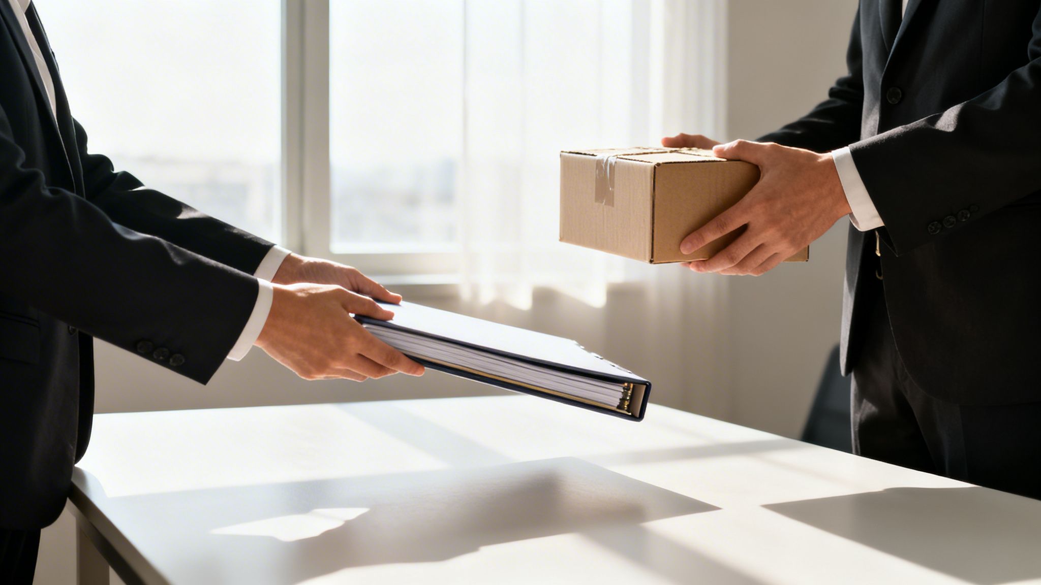 Geschäftsleute tauschen im Büro einen Aktenordner und ein braunes Paket über einem Schreibtisch aus.