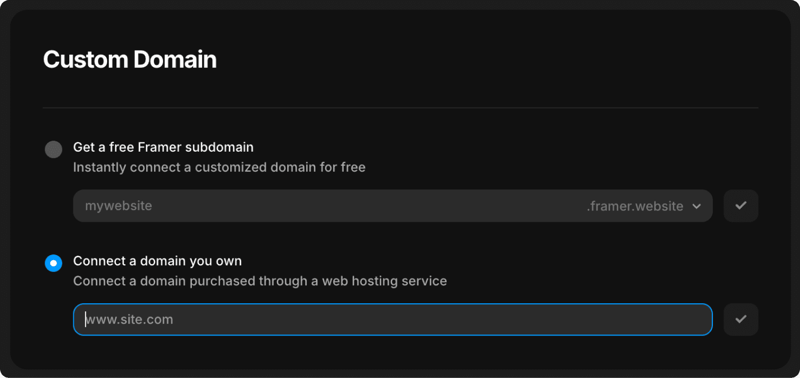 Section on connecting a custom domain in Framer website settings