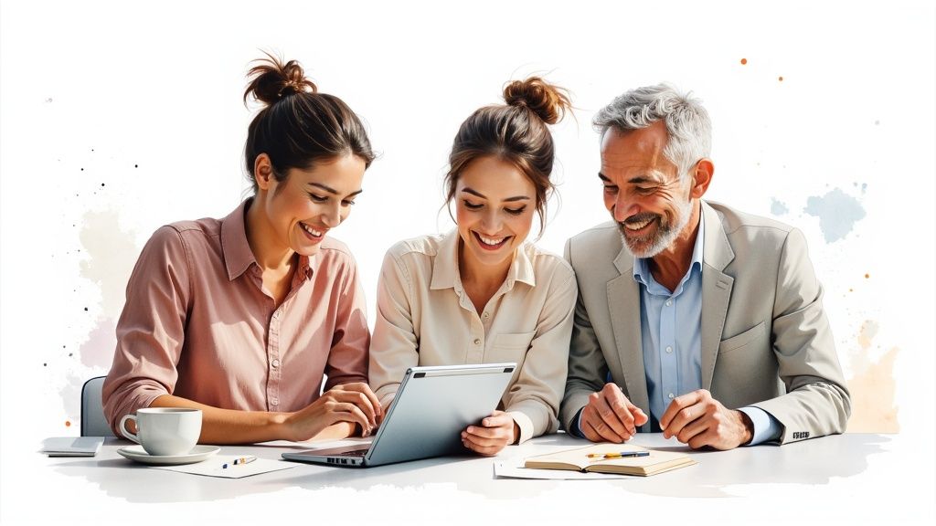 Tres personas sonrientes trabajando juntas en una mesa con laptop y tablet, fomentando el bienestar.