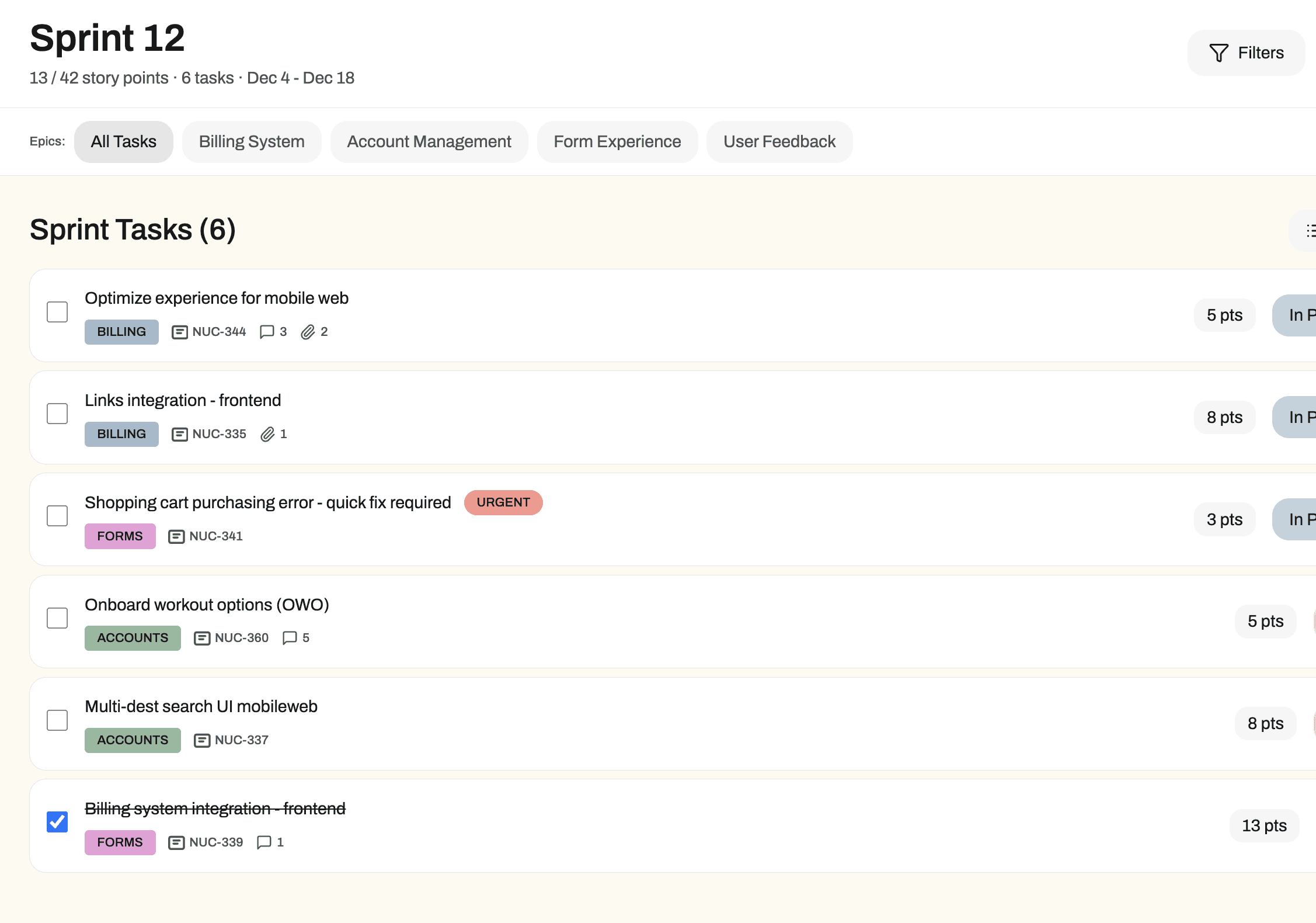 A user interface mock-up of a list of tasks