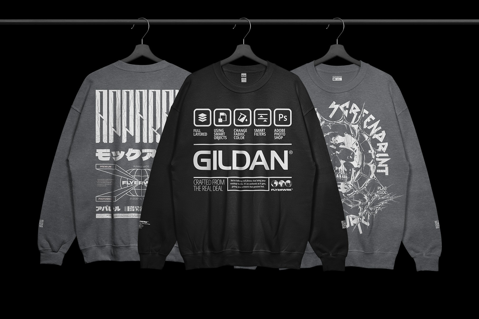 Gildan 18000 Crewneck Hanging mockup with multiple design examples