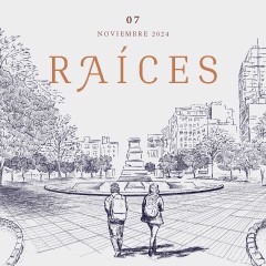 Portada de Revista Raíces VII: «El lugar de la ética en el debate contemporáneo», séptima edición de la Revista Raíces de IdeaPaís, mostrando una ilustración de dos escolares que caminan con su mochila con una plaza detrás.