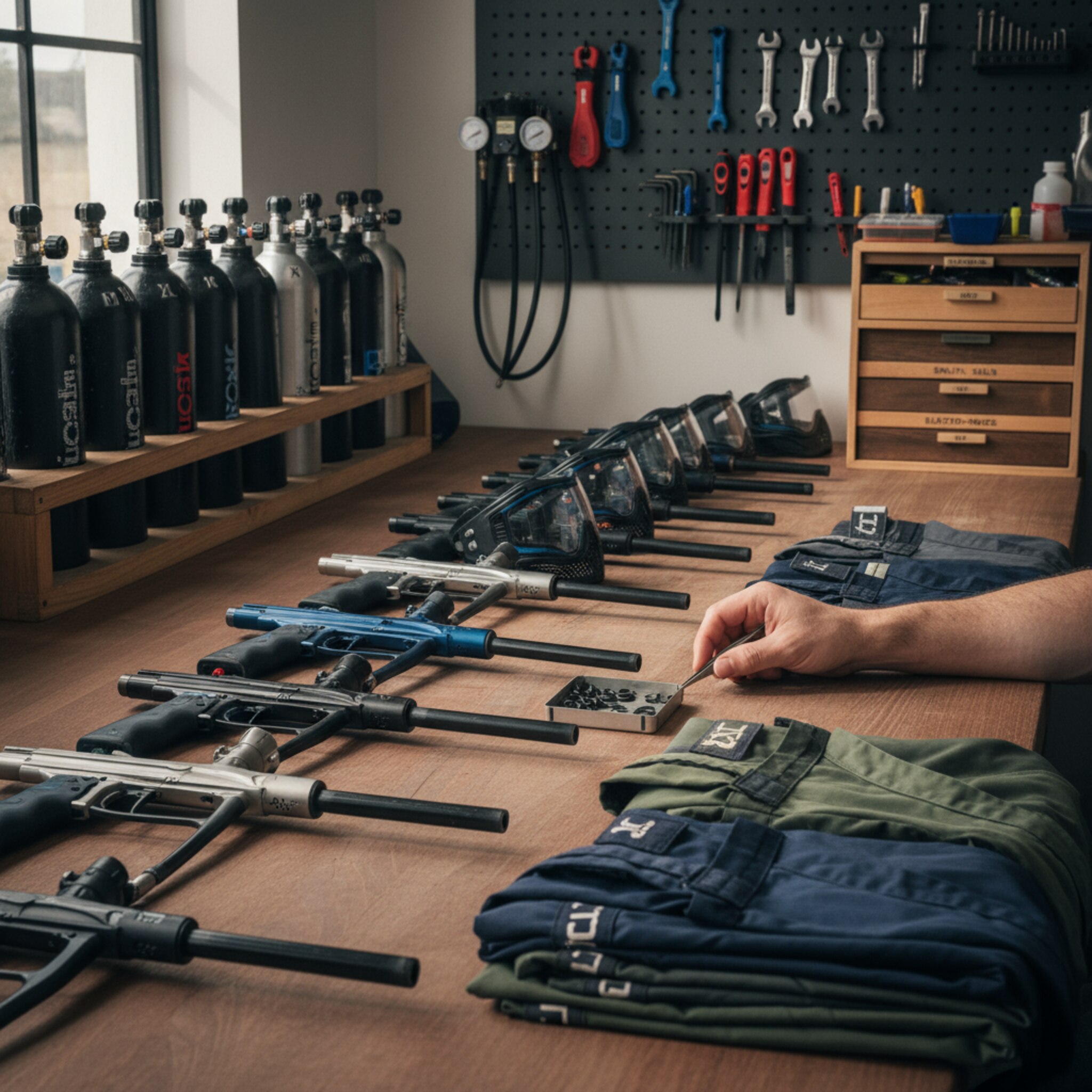 Auf einer sauberen Werkbank liegen geordnete Marker, frisch polierte Masken und nummerierte Luftflaschen. Eine Hand prüft routiniert O-Ringe, daneben stapeln sich Overalls nach Größen. Diffuses Licht fällt durch ein Fenster und betont klare Konturen. Die Atmosphäre wirkt ruhig, konzentriert und sorgfältig vorbereitet.