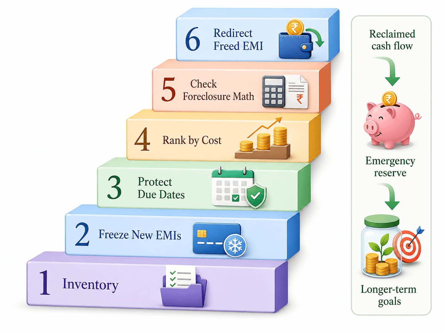 Six-step debt reset plan showing EMI inventory, freezing new EMIs, protecting due dates, ranking debt by cost, checking foreclosure charges, and redirecting freed EMI toward emergency savings and long-term goals.