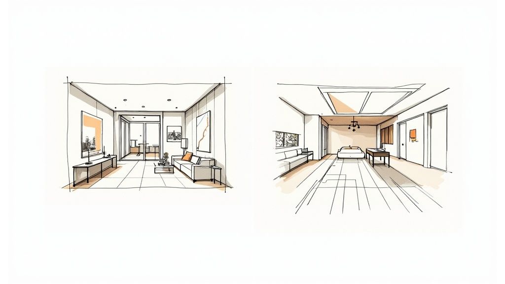 A boutique hotel lobby designed with AI, showcasing unique furniture and optimised guest flow.