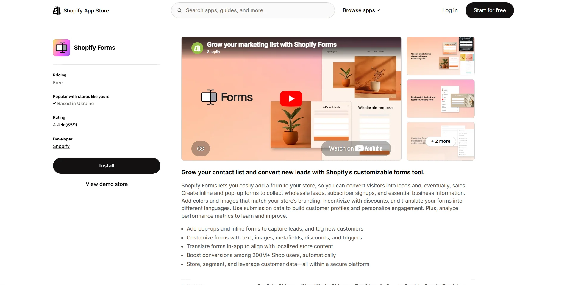 Shopify forms app listing page on the Shopify App Store