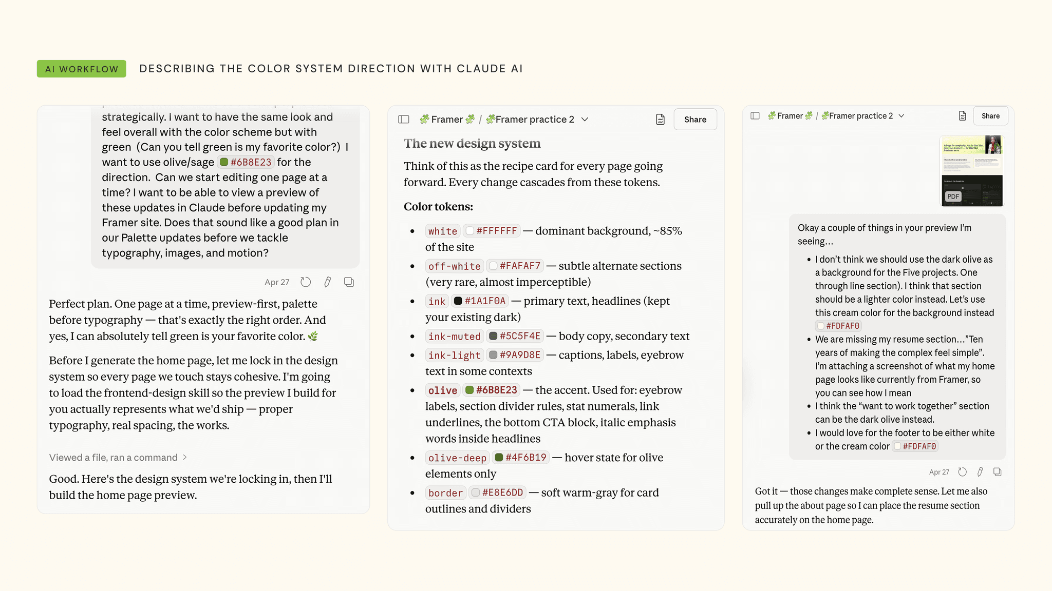 AI workflow — chat screenshot showing a design decision being made in real time