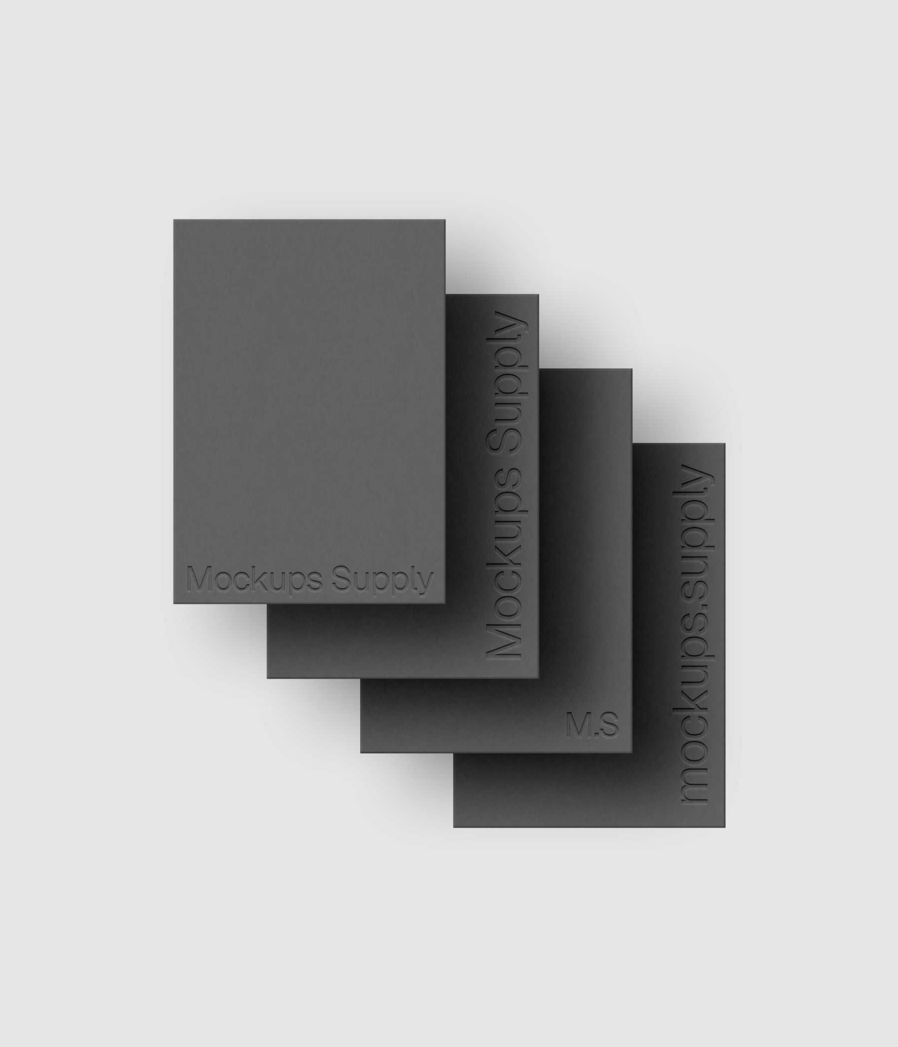 Four A5 paper mockup PSD portrait with debossed logo effect, gray papers on white background, modern minimal stationery mockup for print design and brand identity