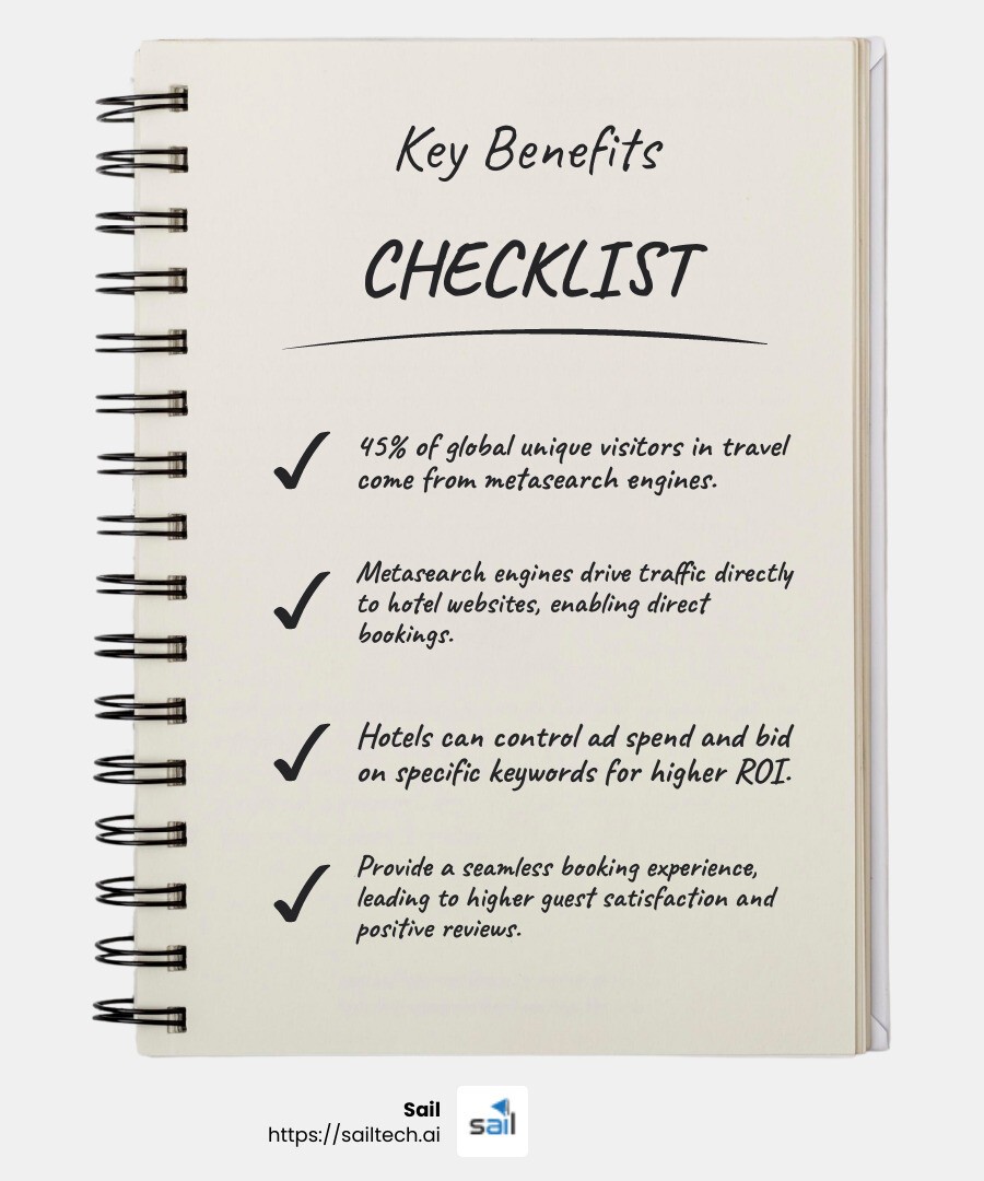 45% of Global Unique Visitors in Travel Come from Metasearch Engines - hotel meta search marketing infographic checklist-notebook
