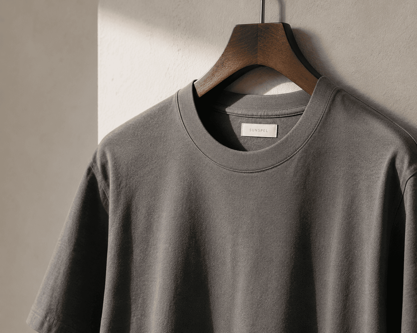 A close-up shot of a high-quality men's charcoal gray crewneck t-shirt hanging on a premium dark wooden hanger against a textured, light beige wall. The focus highlights the clean stitching of the neckline and the inner collar brand label, which reads "SUNSPEL". Soft, natural light casts gentle shadows across the fabric, emphasizing its smooth texture.