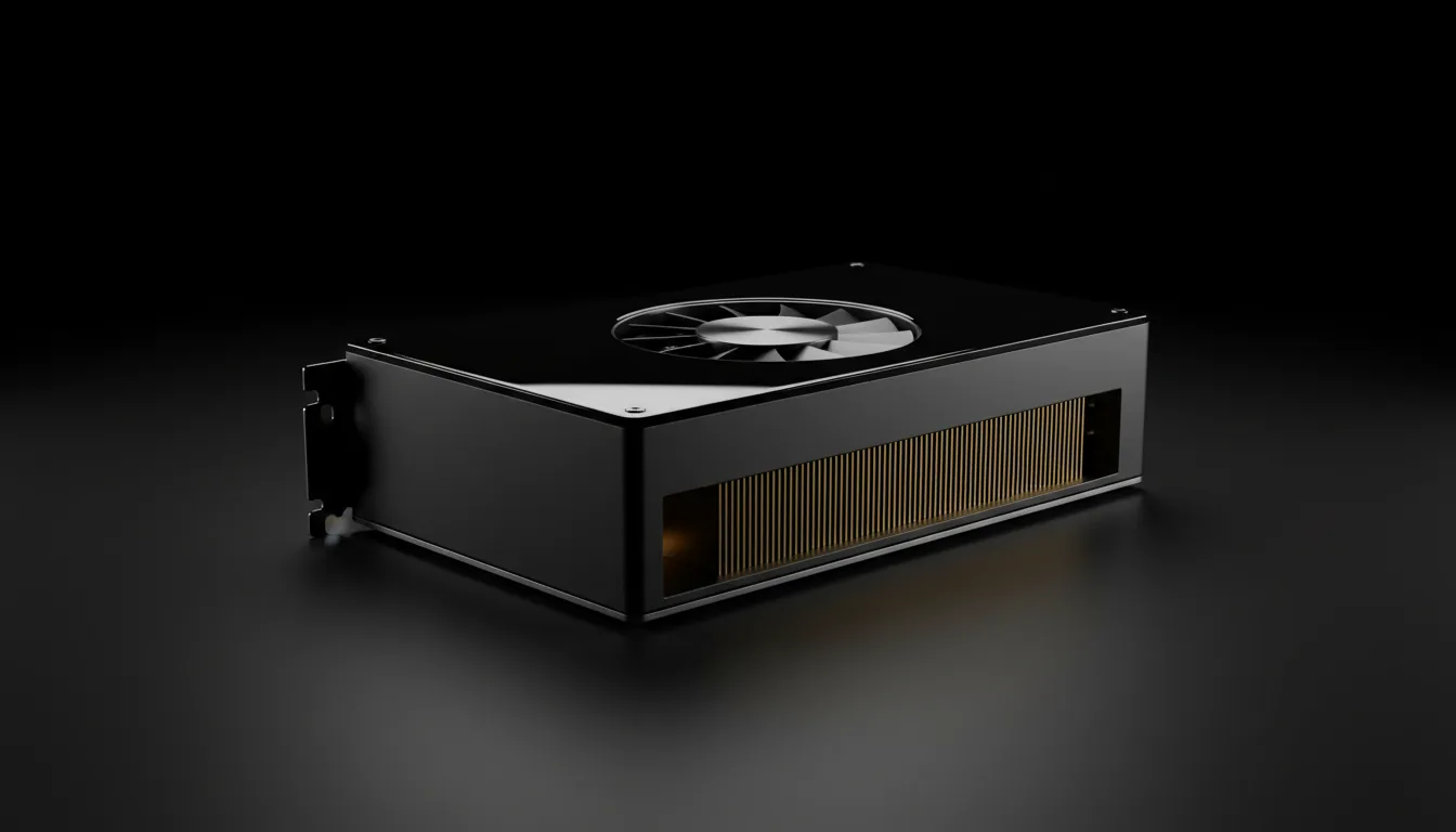 DSLR product photography of a high-end professional workstation GPU, three-quarters view. The GPU features a sleek, minimalist design with a matte black metal chassis and a highly reflective, glossy black top surface. A large array of vertical, densely packed gold-colored heatsink fins runs along the side. On top, a circular blower-style fan with a brushed metal hub is visible. The scene is illuminated with dramatic soft studio lighting creating sharp highlights and deep shadows, emphasizing the textures. The GPU sits on a dark, slightly reflective surface against a pure black studio backdrop, creating cinematic contrast.