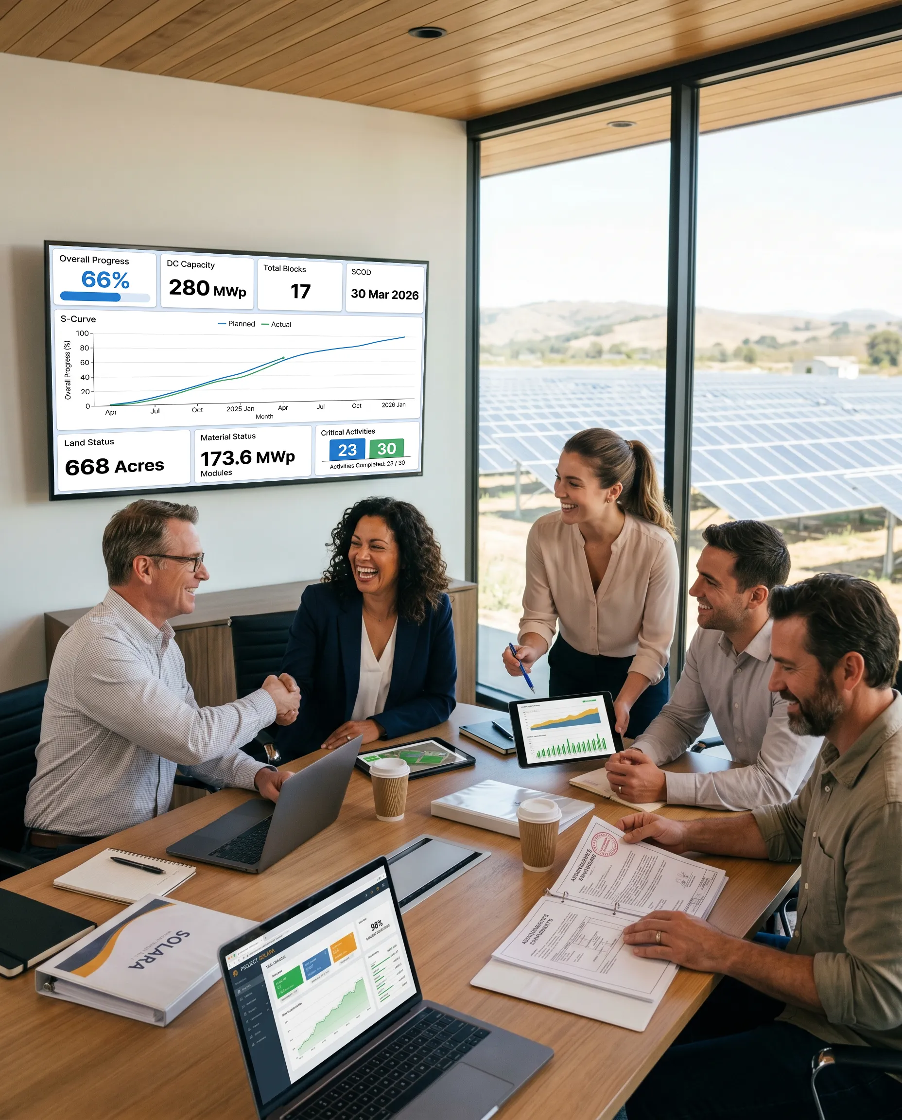 Team in a solar company meeting reviewing project performance dashboards and analytics with solar panels visible outside.