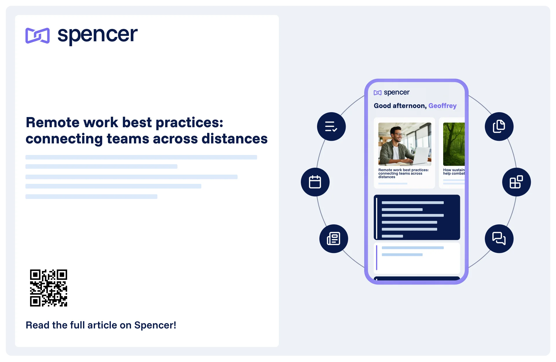 Spencer article display on a digital screen with QR code and mobile preview for distributing internal content