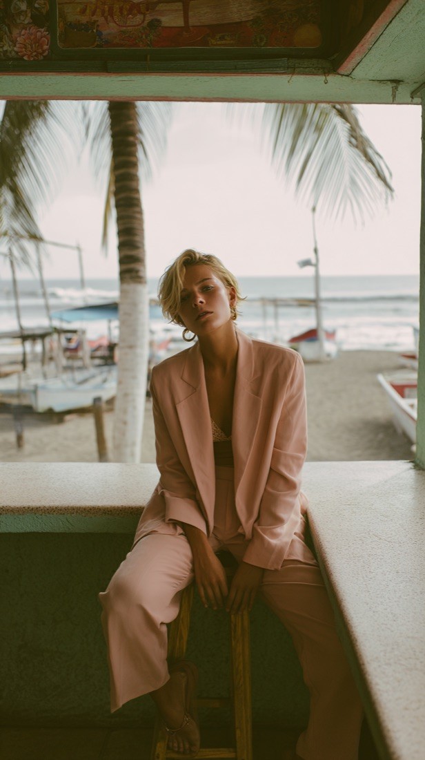 KI-Visual: Model im rosa Anzug an einer Strandbar
