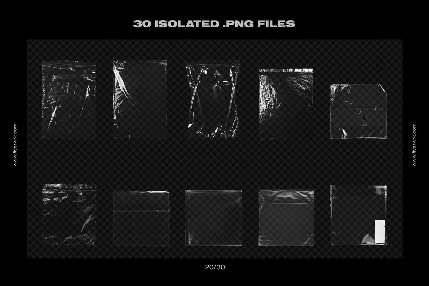 Various isolated empty plastic bags including polythene styles and wrinkled textures for creative art projects