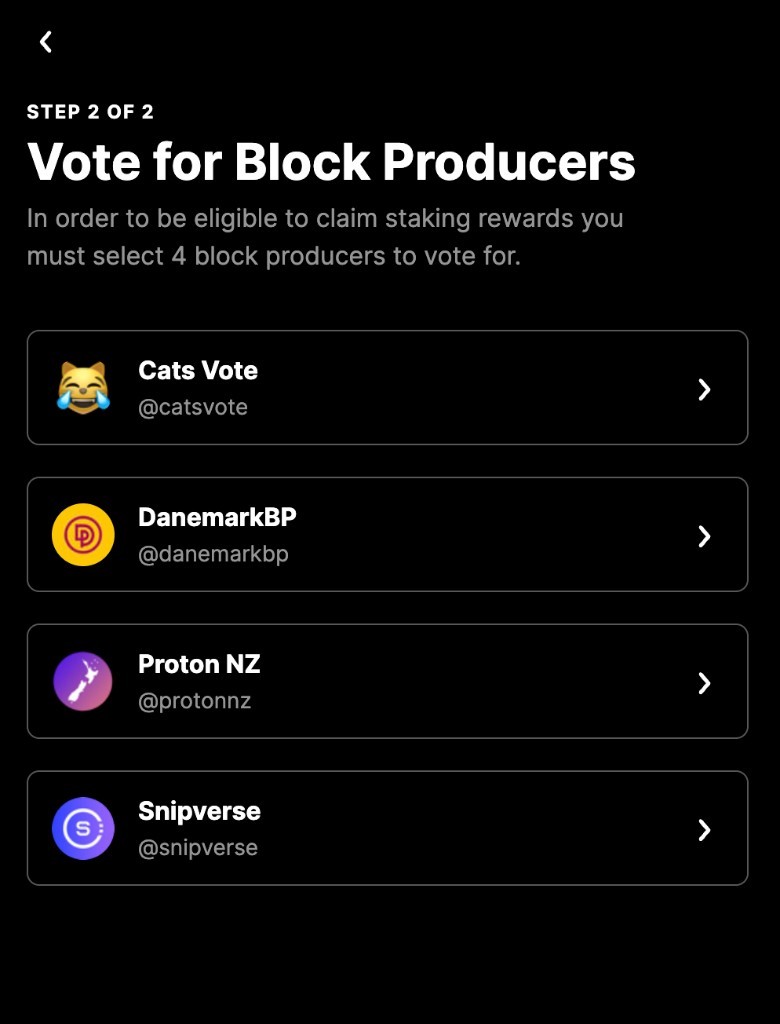WebAuth Wallet: Vote for Block Producers step showing selection of 4 block producers to be eligible for staking rewards