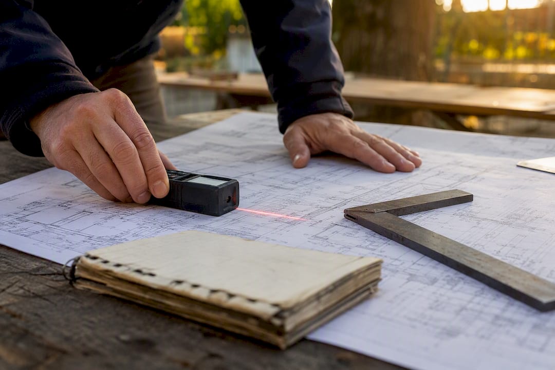 Hands using digital measuring tool on plans