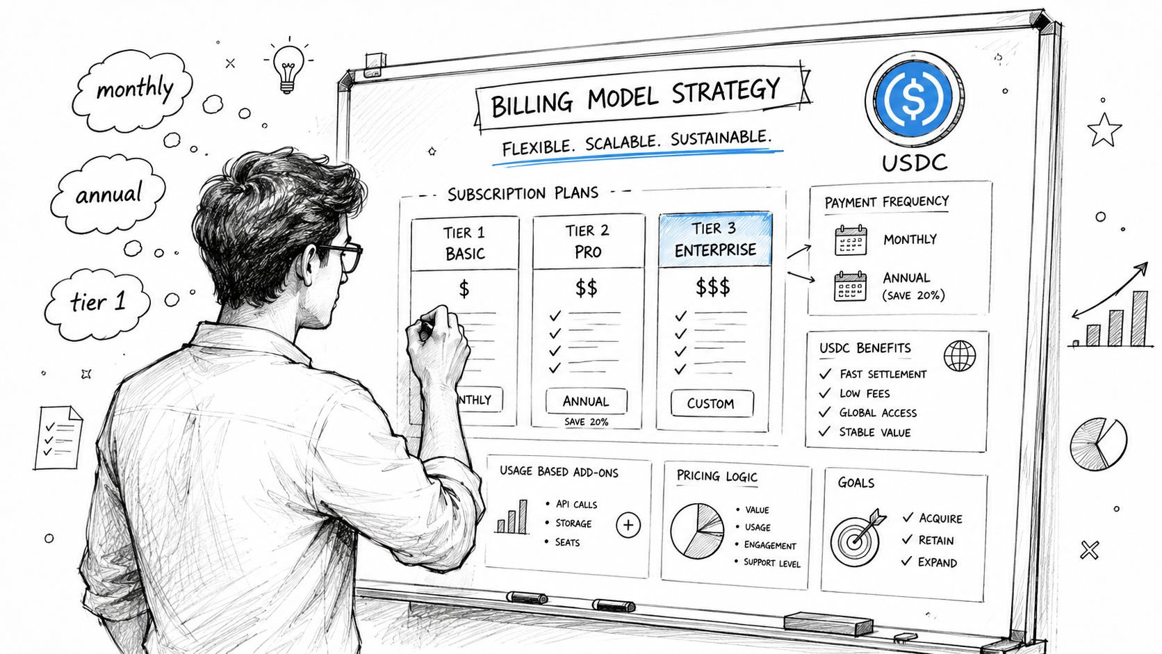 A person writing a SaaS subscription billing strategy on a whiteboard highlighting USDC payments.