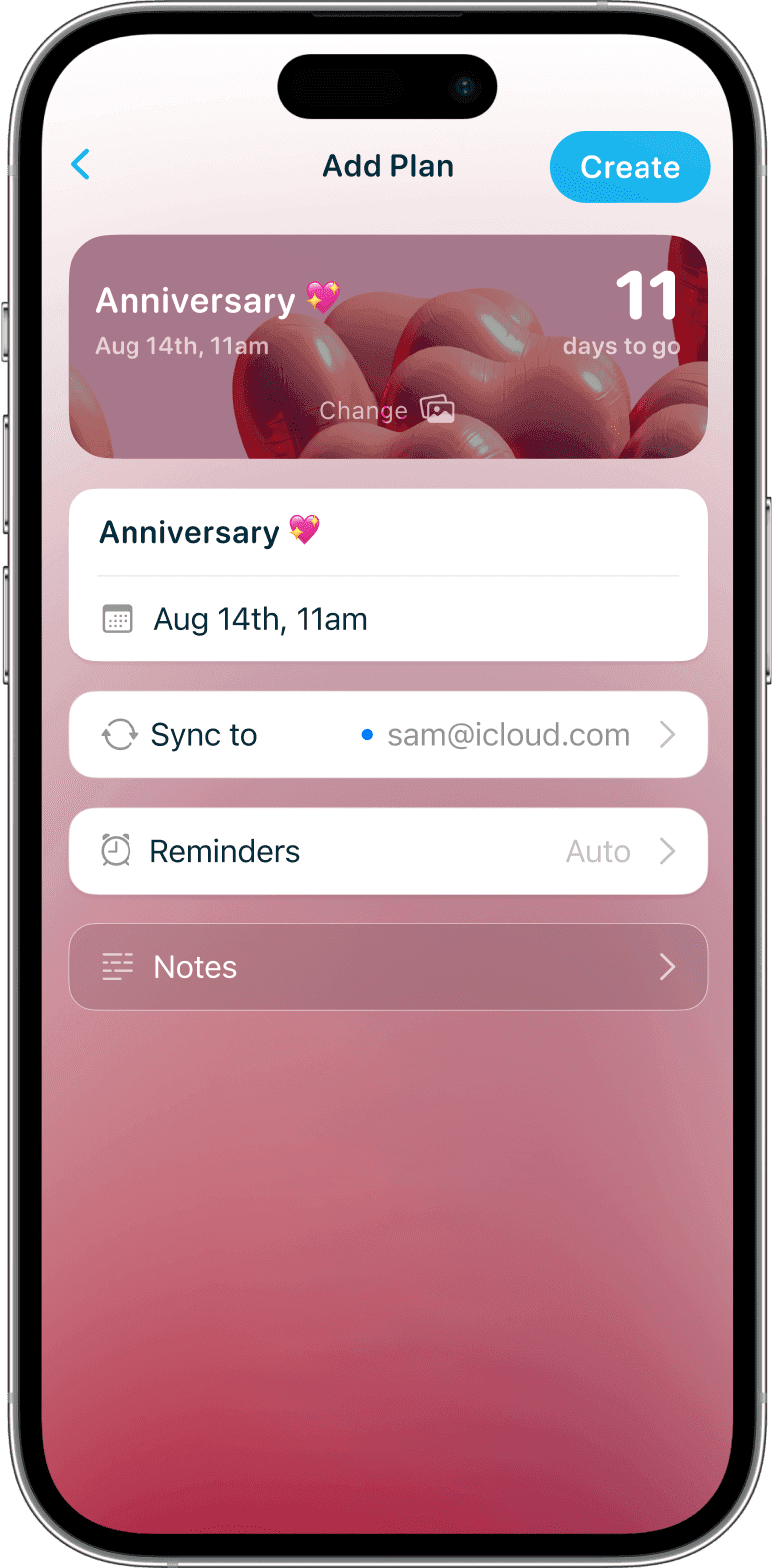 iPhone showing a create screen for a Anniversary countdown