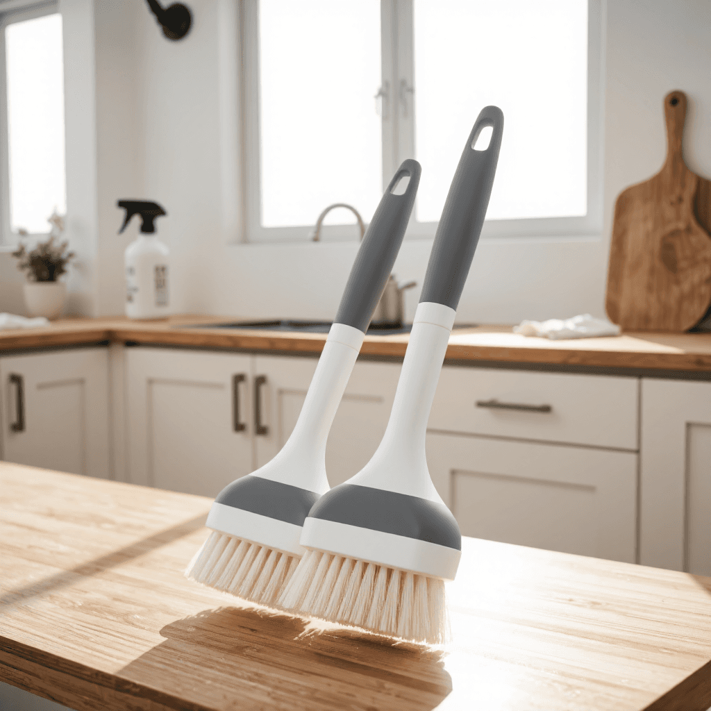 product photography of a set of cleaning brushes with ergonomic handles