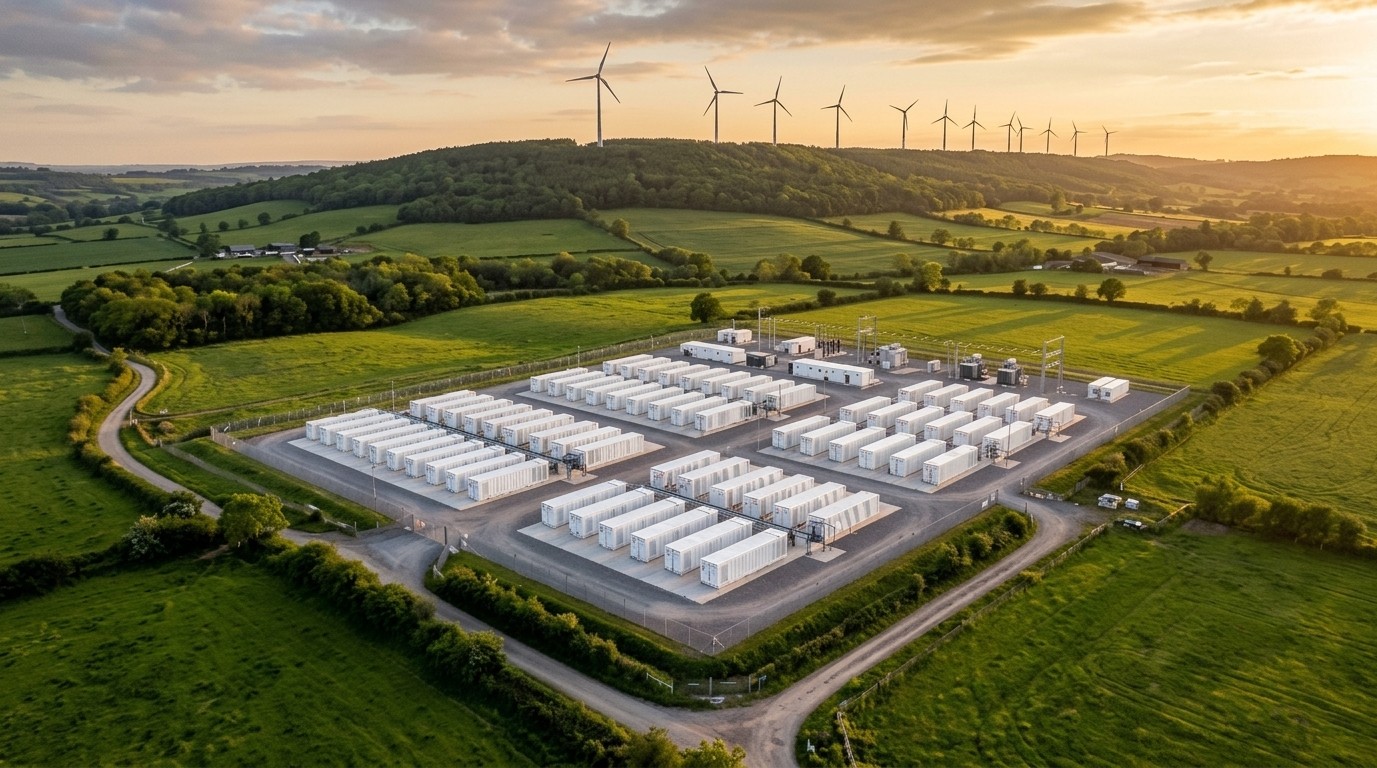 Aerial view of a battery storage plant of white containers in green farmland, with wind turbines on the ridge at sunset