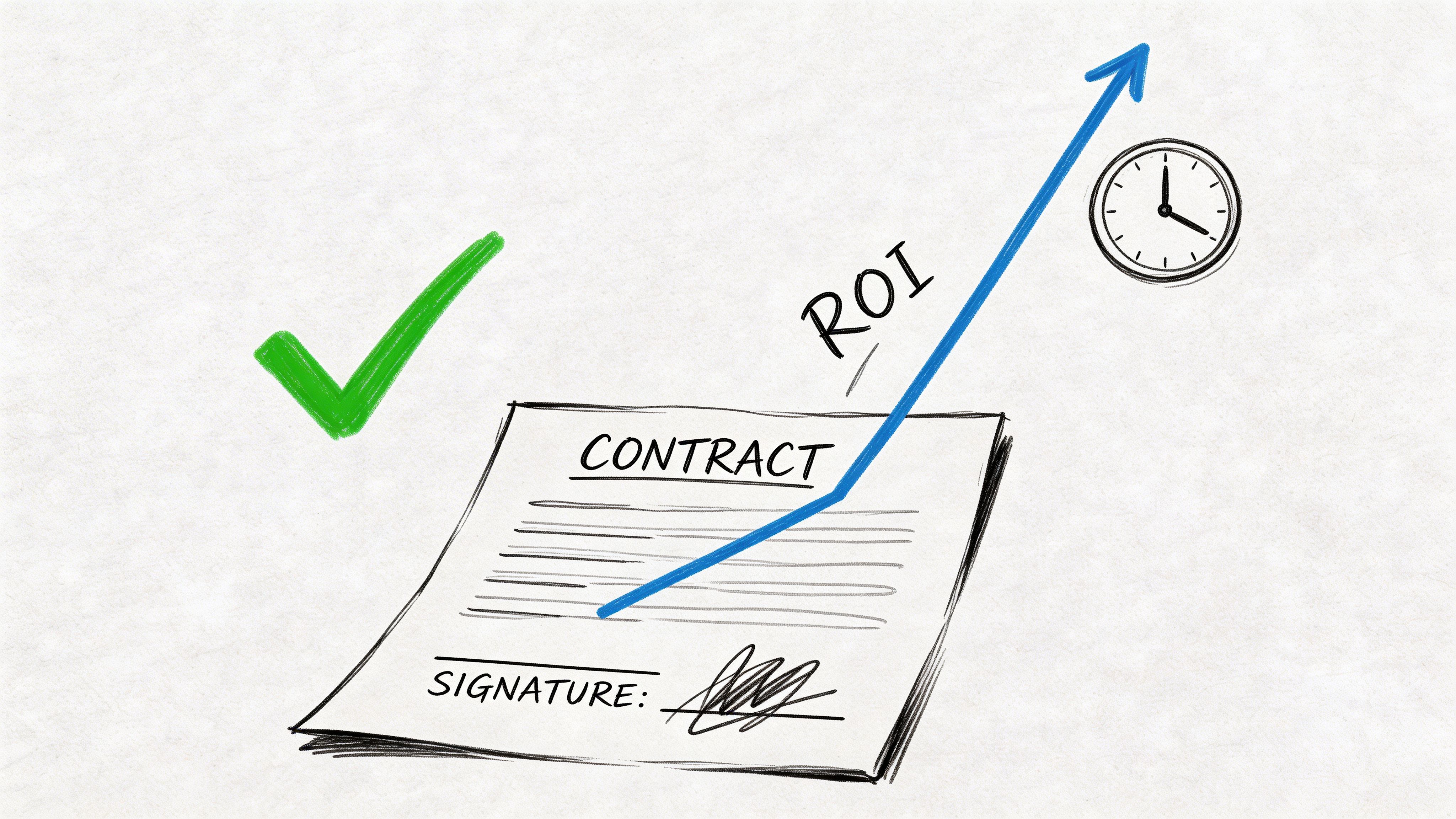 A digital illustration of a signed business contract with an upward trending blue arrow representing growing ROI.