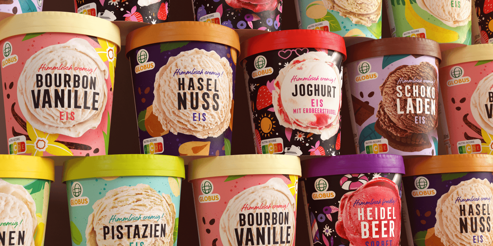 Globus Eis Packaging Design – Eisbecher-Sortiment in der Reihe